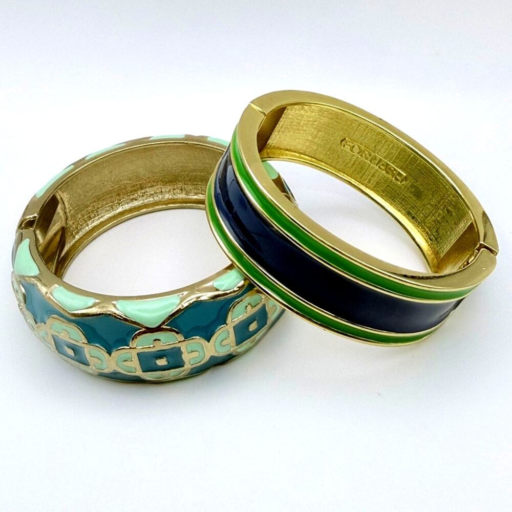 Fornash Set 2 Enamel Bangle Bracelet Blue Teal Green Stripe Floral Clamper